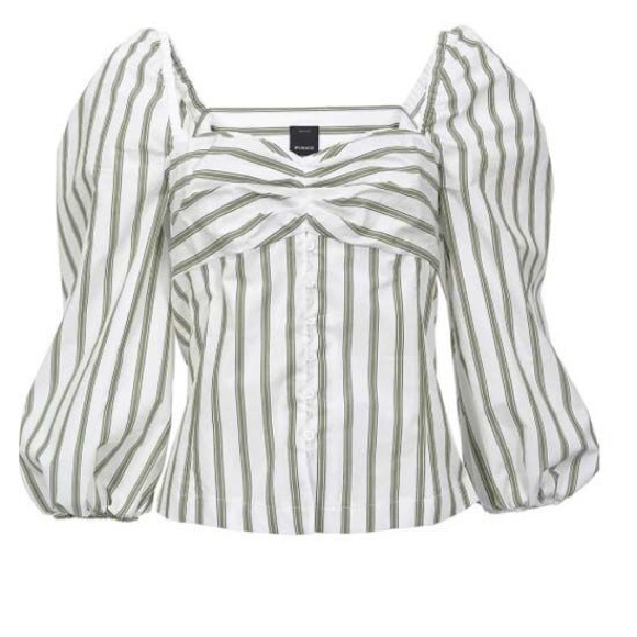 PINKO KAPPA 1 PUFF SLEEVE BLOUSE TOP OLIVE WHITE STRIPE NWT FR SZ 42 US SZ 6